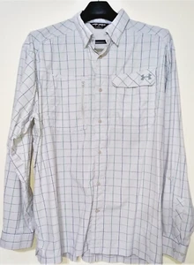 Under Armour Heat Gear Loose LS Button Shirt Nylon Fishing Vented Gray Plaid Med - Picture 1 of 9