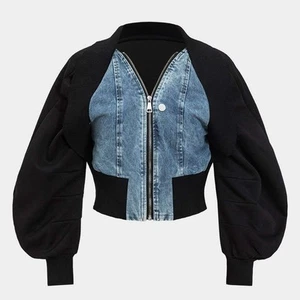 Neu mit Etikett Denim Panel lange Baggy Ärmel Cropped Bomberjacke von MICAS Größe Large - Bild 1 von 10