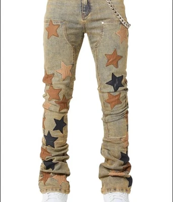 Pantalones de mezclilla Guapi Vintage Stars V2 ajustados para hombre 32 parches de cuero con cadena de metal Foto 1 de 4