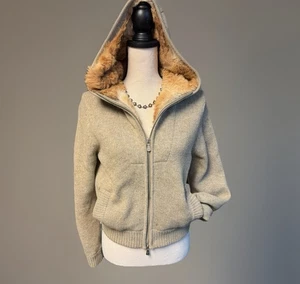 One Girl Who Rabbit Fur Hoodie Tan Chunky Knit Boho Winter Full Zip Sweatshirt S - Picture 1 of 6