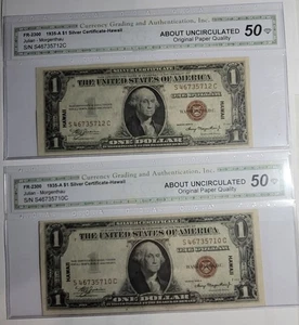 Lot of 2, 1935-A $1 Silver Hawaii, Fr. 2300 About Uncirculated 50, Free Shipping - Picture 1 of 2