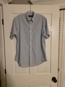 Ralph Lauren Herren Large weiß blau gestreift Kurzarm Knopfleiste Hemd Pony - Bild 1 von 6