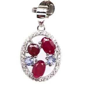 925 Sterling Silver Red Ruby, Tanzanite & Cubic Zirconia Birthstone Pendant - Picture 1 of 4