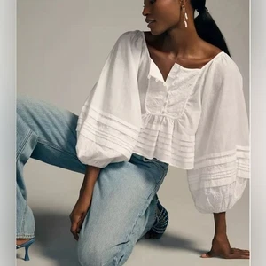by Anthropologie White Balloon Sleeve Babydoll Top Size Medium - Picture 1 of 5