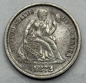 Moneda de diez centavos sentada de plata de Estados Unidos 1872, sin certificación, aspecto original - ¡Sin precio base! - Imagen 1 de 2