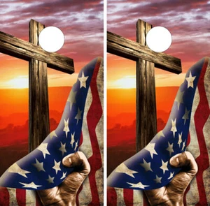 WATERPROOF & FADEPROOF Cornhole Board Wraps - Sunset Cross USA Flag - Picture 1 of 3