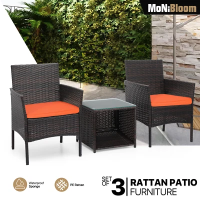 3PCS Patio Bistro Rattan Furniture Set Chair+Glass Coffee Table Conversation Set - Image 1 of 4