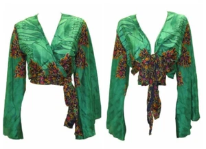 Recycled Crop Top Bell Sleeves Front Knot Wrap Blouse Free Size Up to 16 P16 - Picture 1 of 3