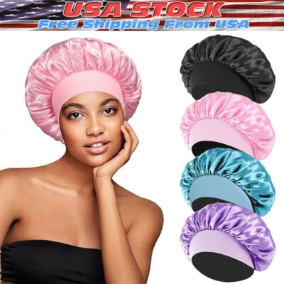 Women Satin Bonnet Night Sleep Cap Hair Hat Silk Head Cover Wide Elastic Band - Image 1 of 4