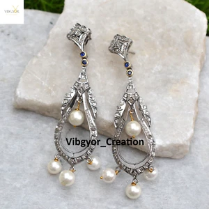 Pendientes de perlas de diamantes Pave de plata esterlina 925 hechos a mano joyería regalo para ella - Imagen 1 de 4