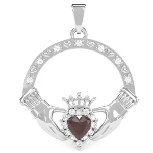 Lab-Created Ruby Diamond Claddagh Pendant In 14k Solid Gold - Picture 1 of 20