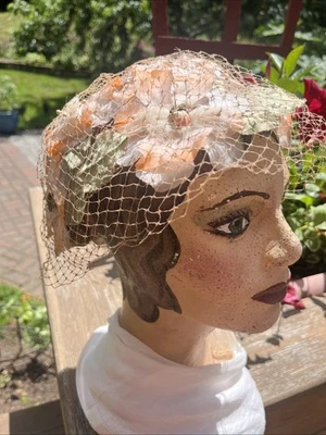Vintage Pill Box Womens Hat Peach Flowers Beige Netting Millinery - Image 1 of 4