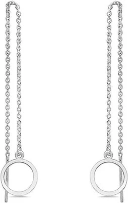 925 Solid Sterling Silver Dangling Long Threader Open Circle Chain Earrings -... - Image 1 of 4