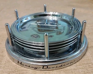 Harley-Davidson Bar & Shield Set 4 Metal Chrome Heavy Coasters & Holder Man Cave - Picture 1 of 5