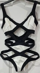 Traje de baño AGENTE PROVOCATEUR negro blanco vendaje correa recortada UK10 3 - Imagen 1 de 8