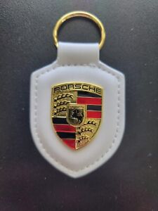 Genuine Porsche Crest Keyring Key Chain Leather White Color