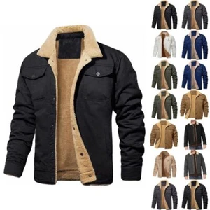 Men Coat Winter Warm Cargo Jacket Men's Trucker Plain Long Sleeve Solid Outwear - Picture 1 of 35
