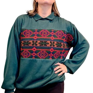 Vintage Retro grün Pullover Rundhals Sweatshirt Azteken Strick Kragen M L | Fehler - Bild 1 von 12