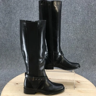Steven Boots 女式 5.5 M Sydnee 高骑黑色皮革圆头古巴 — 第 1/4 张图片