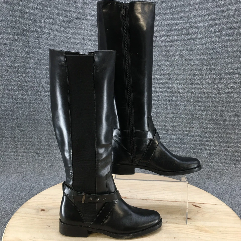 Steven Botas Mujer 5.5 M Sydnee Alto Montar Cuero Negro Punta Redonda Cubano Foto 1 de 4