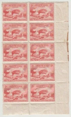 Stamps 2d red Sydney Harbour Bridge plate 1 bottom right corner block of 10, MUH - Image 1 of 2