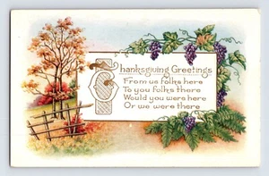 Postcard Thanksgiving Day Grapes Fall Leaves 1920s Unposted Whitney Made - Picture 1 of 2