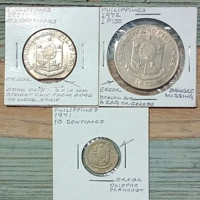 3 1971 PHILIPPINE ERRORS 10 Sent CLIPPED 50 Sent CLIPPED 1 Piso STRUCK THRU!!! - Image 1 of 4