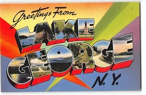 LAGO GEORGE, NUEVA YORK NY Carta Grande Lino Postal c1940 - Monumento de Batalla - Imagen 1 de 2