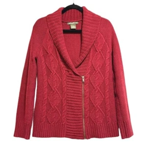 Eddie Bauer Off Center Zip Front Cable Knit Sweater Red Shawl Collar M Classic - Picture 1 of 18