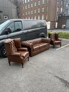 ANTIQUE TAN LEATHER CHESTERFIELD 3 PIECE SUITE CAN DELIVER 🚚🚚🚚🚚🚚🚚🚚🚚 - Picture 1 of 12