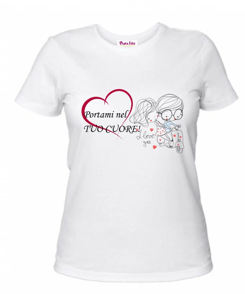t-shirt donna bianca donna disegno cuore scritta portami nel tuo cuore love you - Immagine 1 di 1