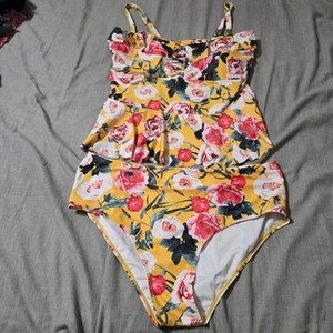 Gelber geblümter Gr. XXL 2-teiliger Badeanzug Markenlos Tankini Bikini Criss Cross Oberteil - Bild 1 von 7