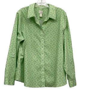 Chico's Shirt Women's Sz 3 XL No Iron LS Roll Tab 100% Cotton Button Up Green - Picture 1 of 10