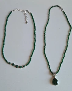 Lot of 2 Natural Green Aventurine Round Bead Necklaces with Malachite Accents - Picture 1 of 5