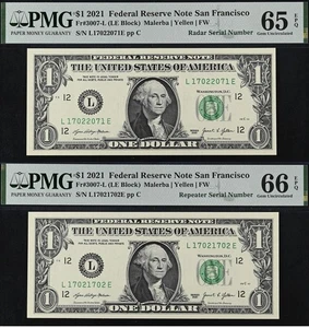 2021 $1 FRN PMG 66EPQ - Radar / Repeater Same Digit Serial # 17021702 & 17022071 - Picture 1 of 5