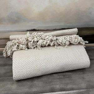 Pottery Barn Handwoven Basketweave Cotton Fringe Table Runner Natural Spots Read - Picture 1 of 9