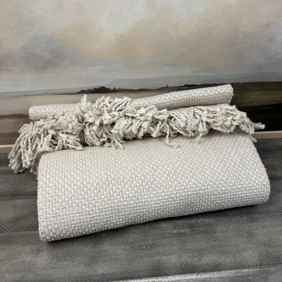 Pottery Barn Handwoven Basketweave Cotton Fringe Table Runner Natural Spots Read - Image 1 of 4