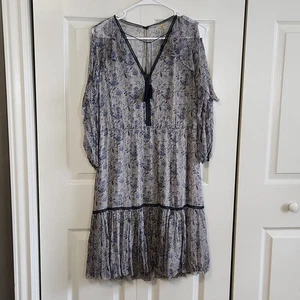 Elie Tahari Women's Silk Gray Blue Lace Ruffle Peekaboo Sleeve Dress Size 8 NWT - Picture 1 of 16