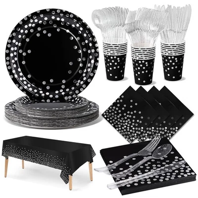 141 Piezas Suministros de Fiesta Negro y Plata 20 Invitados Plata Fiesta Decoraciones Papel Foto 1 de 4