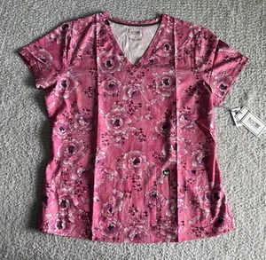 Koi Next Gen Scrub Top Women’s Sz Large Pink Denim Floral Stretch Nursing - Picture 1 of 11