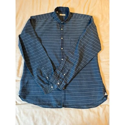 Oliver Spencer Blue Striped Club Collar Long Sleeve Cotton Shirt Size 17.5 - image 1 of 4