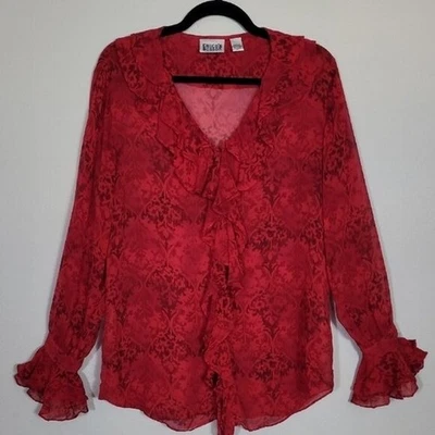 Camisa Vintage Chicos Transparente 100% Seda Abotonada Talla M/L Rojo Volantes Goth Vamp Y2K Foto 1 de 4