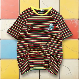 Y2K The Smurfs Cartoon Striped Tee Men L Yellow Red Embroidered Comic Art Shirt - Picture 1 of 9