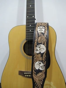 Adjustable Full Leather Guitar Strap tooled strap for Guitar /Bass with skulls - Picture 1 of 3
