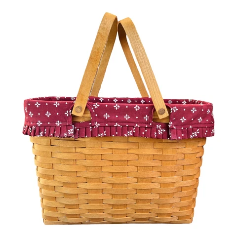Vtg Longaberger Large Magazine Market Picnic Woven Basket Red Ruffle Liner Stars Cover
