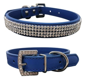 Dog Collar Rhinestone Crystal Bling, Adjustable Navy Blue XS S M L, Faux Leather - Picture 1 of 5