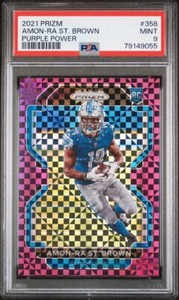 2021 Prizm Amon-Ra St. Brown Rookie Card Detroit Lions Purple Power /49 PSA 9