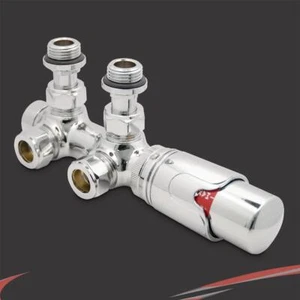 Angled Chrome TRV Thermostatic Radiator Valves - 50mm Underside Connection - Picture 1 of 9