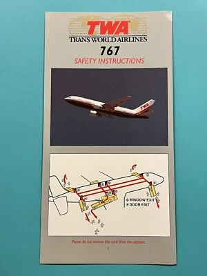 TARJETA DE SEGURIDAD TWA AIRLINES--767– 1997 Foto 1 de 2