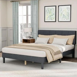 New-Queen Bed Frame with Headboard, Wood Queen Platform Bed No Box Spring - Picture 1 of 6